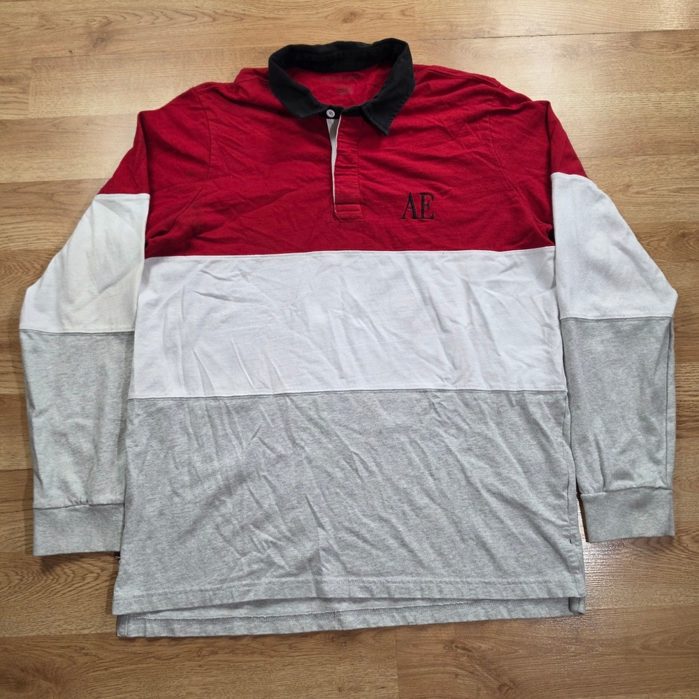 American Eagle Rugby Shirt Mens XL Colorblock Long Sleeve Red White Grey